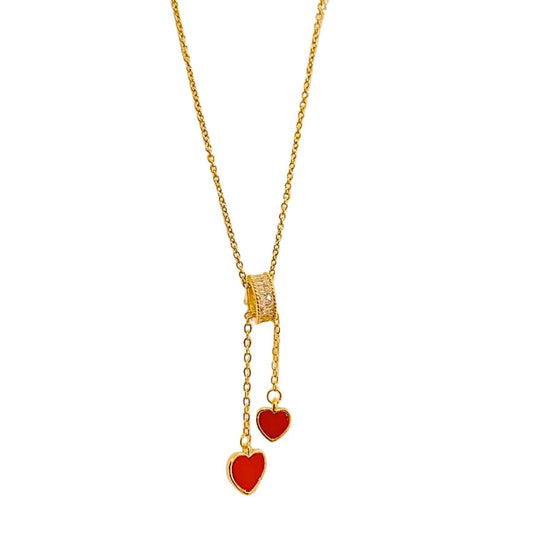 Κολιέ ατσάλινο με ροδέλα και δύο λευκές καρδιές επιχρυσωμένο (N1367) - necklace - charmy.gr