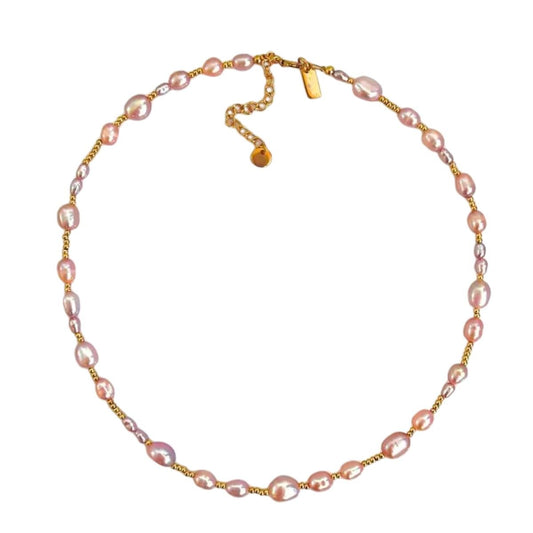 Κολιέ ατσάλινο με ροζ πέρλες επιχρυσωμένο 18k (N1390) - necklace - charmy.gr