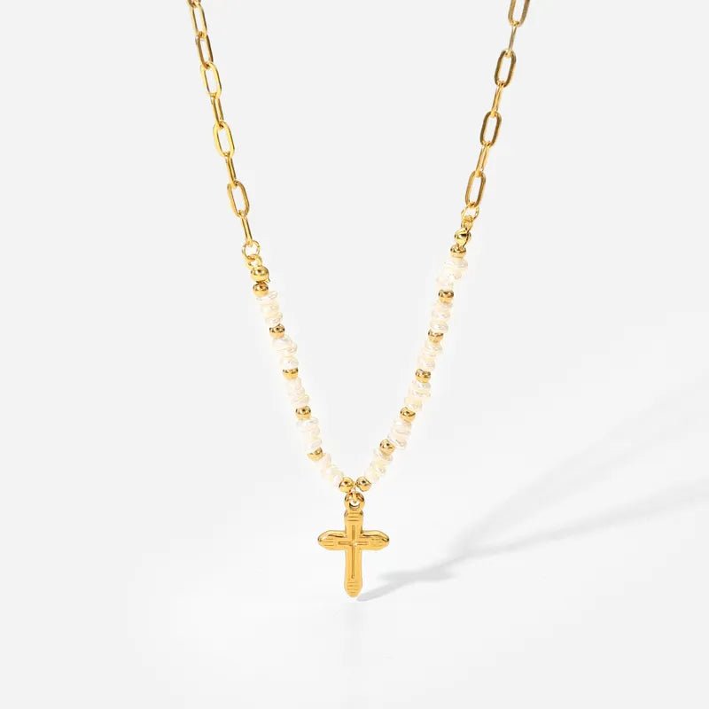 Κολιέ ατσάλινο με σταυρό και καλλιεργημένα μαργαριτάρια επιχρυσωμένο 18k (N1363) - necklace - charmy.gr