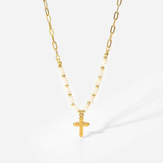 Κολιέ ατσάλινο με σταυρό και καλλιεργημένα μαργαριτάρια επιχρυσωμένο 18k (N1363) - necklace - charmy.gr