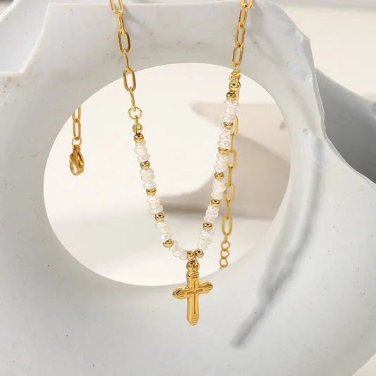 Γυναικείο κολιέ ατσάλινο με σταυρό και καλλιεργημένα μαργαριτάρια επιχρυσωμένο 18k (N1363) - necklace - charmy.gr