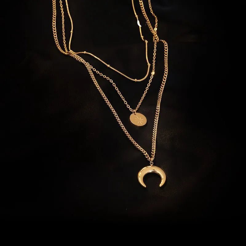 Κολιέ ατσάλινο τριπλό φεγγάρι επιχρυσωμένο 18k (N1418) - necklace - charmy.gr