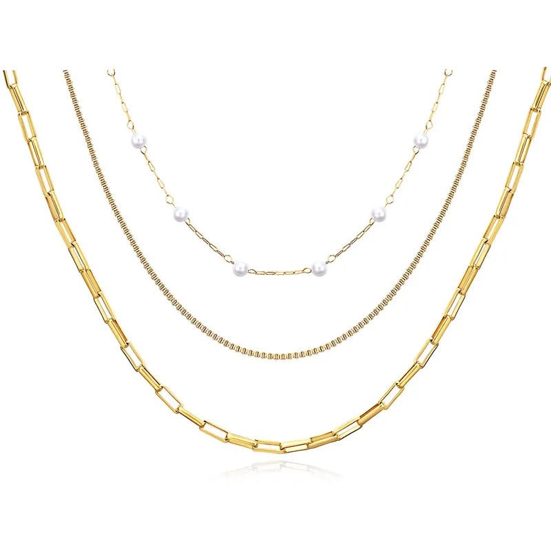 Κολιέ ατσάλινο τριπλό με δύο κλασικές αλυσίδες λαιμού και μία με πέρλες επιχρυσωμένο (N1347) - necklace - charmy.gr