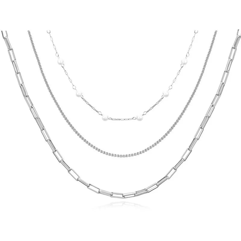 Κολιέ ατσάλινο τριπλό με δύο κλασικές αλυσίδες λαιμού και μία με πέρλες χρώμα ασημί (N1361) - necklace - charmy.gr