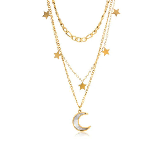 Κολιέ ατσάλινο τριπλό με φεγγάρι και αστέρια επιχρυσωμένο (N1421) - necklace - charmy.gr