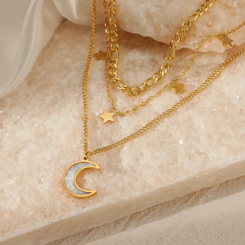 Γυναικεία κολιέ ατσάλινο τριπλό με φεγγάρι και αστέρια επιχρυσωμένο (N1421) - necklace - charmy.gr