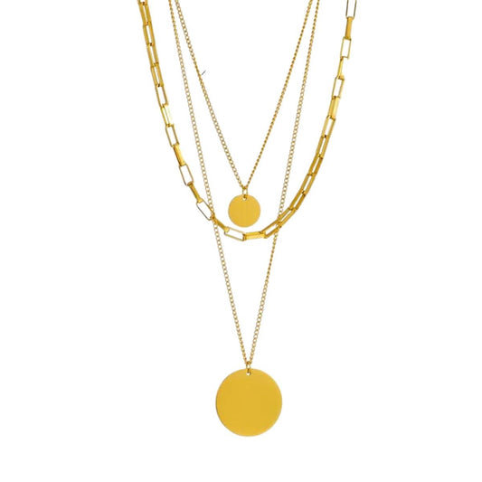 Κολιέ ατσάλινο τριπλό με κυκλικά στοιχεία επιχρυσωμένο 18k - necklace - charmy.gr
