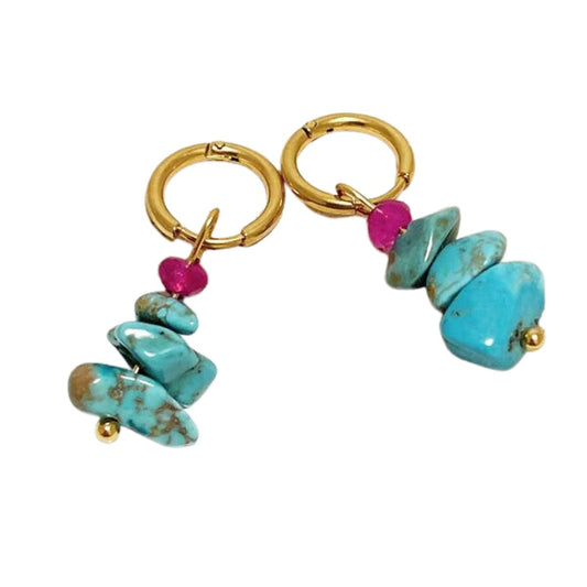 Κρεμαστά ατσάλινα σκουλαρίκια επιχρυσωμένα 18k με πέτρες τυρκουάζ μάκρος 3 εκ (E1176) - earrings - charmy.gr