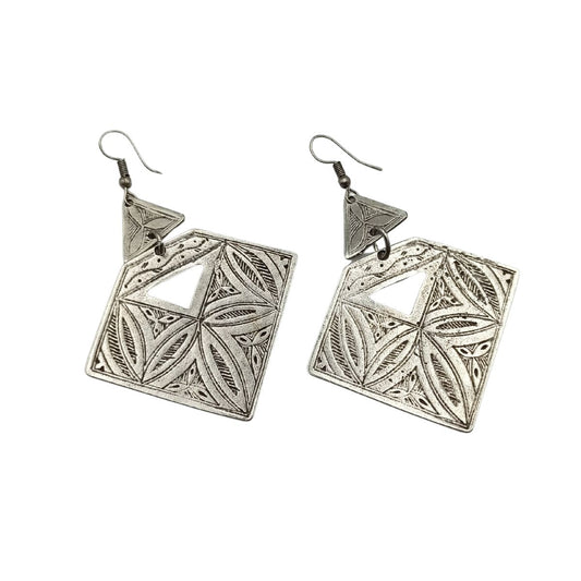Κρεμαστά boho σκουλαρίκια ρόμβοι επαργυρωμένα 6.5εκ (E1296) - earrings - charmy.gr