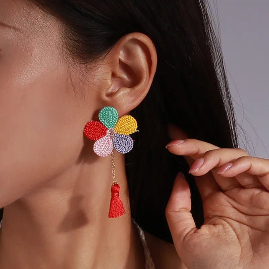 Κρεμαστά boho σκουλαρίκια υφασμάτινα πολύχρωμα 8 εκ (E1171) - earrings- charmy.gr