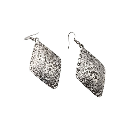 Κρεμαστά έθνικ σκουλαρίκια σε σχήμα ρόμβου επαργυρωμένα 6εκ (E1293) - earrings - charmy.gr