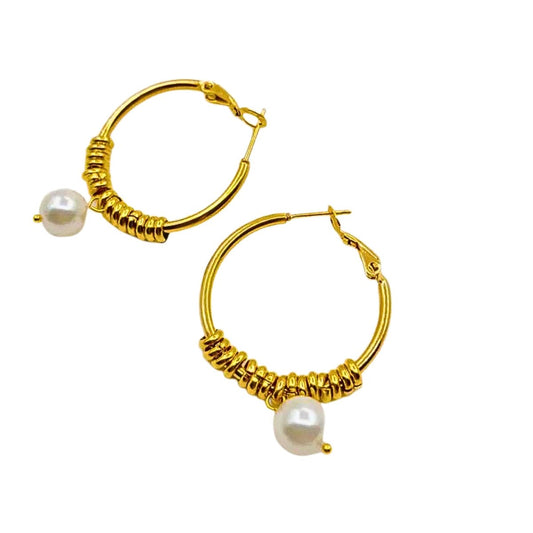 Σκουλαρίκια κρίκοι ατσάλινοι επιχρυσωμένοι μάκρος 4εκ με πέρλα (E1211 ) - earrings - charmy.gr