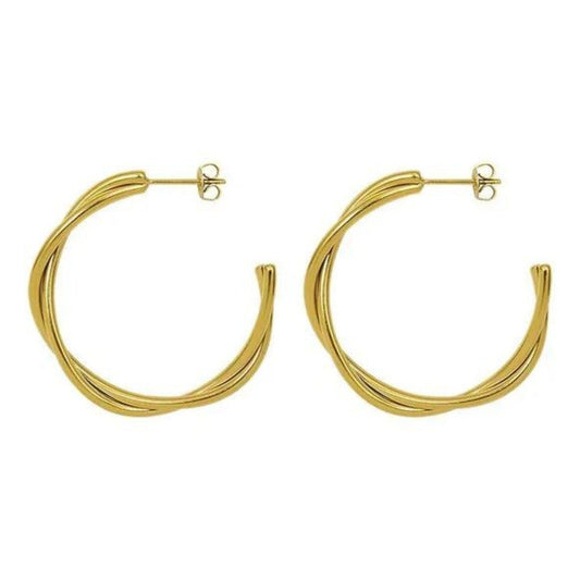 Σκουλαρίκια κρίκοι ατσάλινοι με πλεκτό σχέδιο χρώμα χρυσό μάκρος 3 εκατοστά (E1187) - earrings - charmy.gr