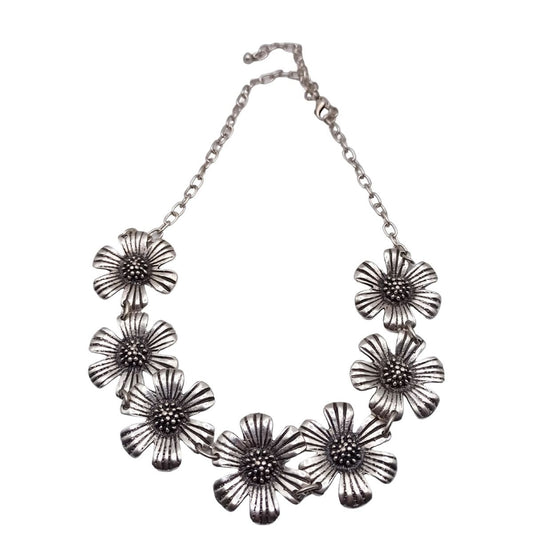 Χειροποίητο κολιέ επαργυρωμένo με λουλούδια (N1292) - necklace - charmy.gr