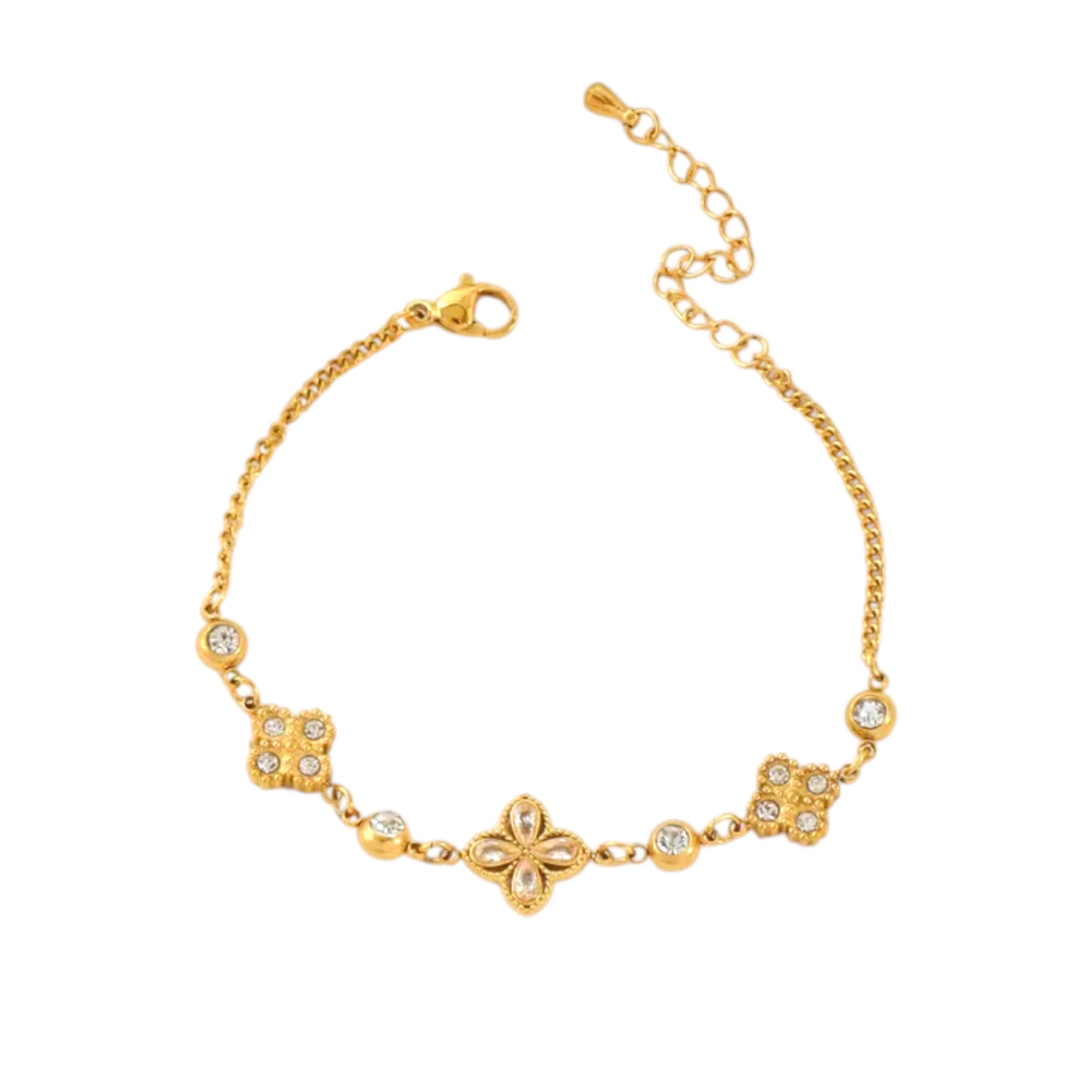 Ατσάλινο Βραχιόλι με Μοτίβο Τετράφυλλο & Ζιργκόν – Χρυσό (B1732)