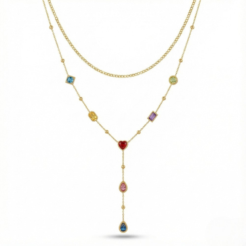 Ατσάλινο Κολιέ Διπλό με Πολύχρωμες Πέτρες & Κρεμαστό Y-Shape (N1838)