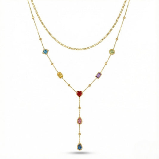 Ατσάλινο Κολιέ Διπλό με Πολύχρωμες Πέτρες & Κρεμαστό Y-Shape (N1838)