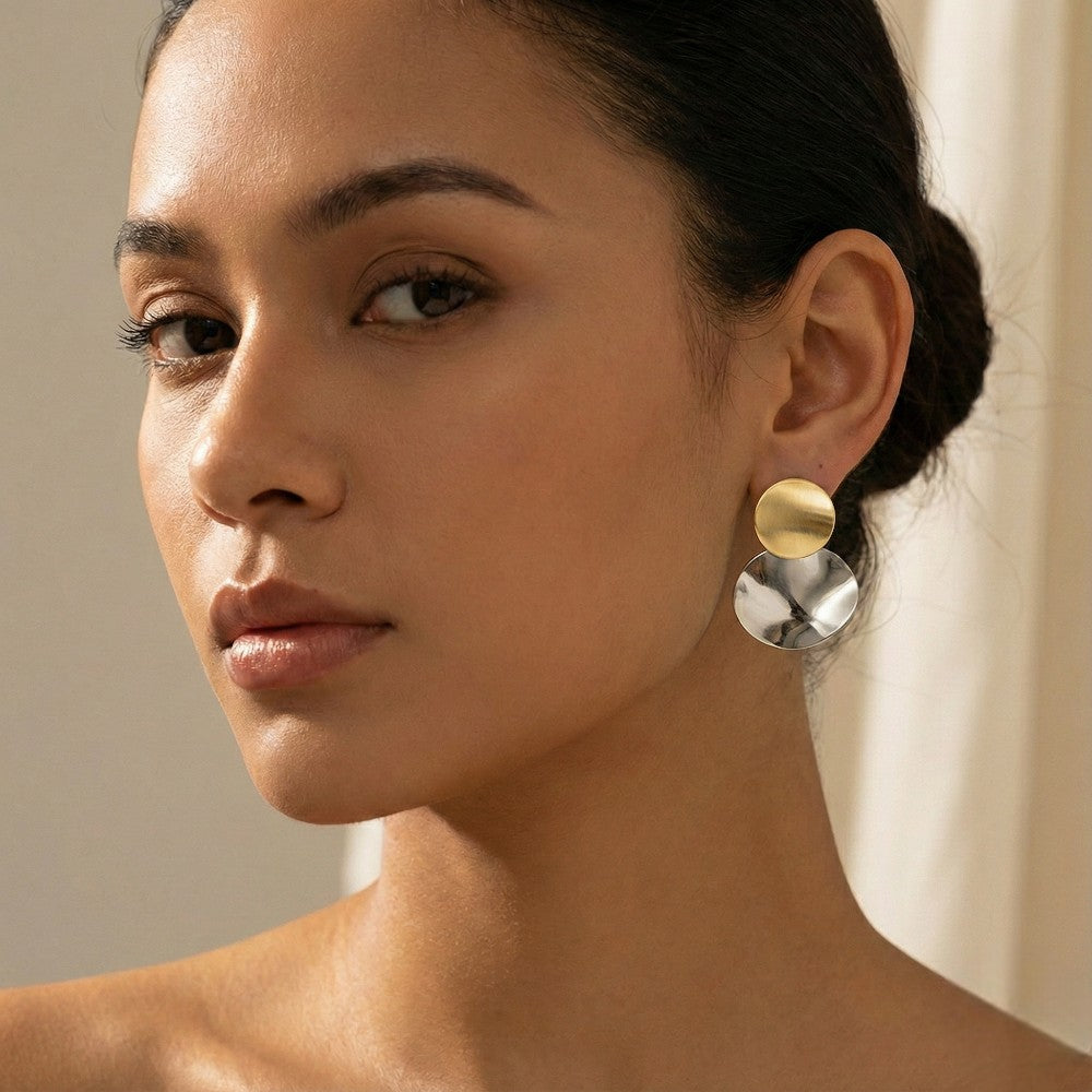 Ατσάλινα δίχρωμα σκουλαρίκια κύκλοι σε χρυσό & ασημί 3.1 cm (E3291)