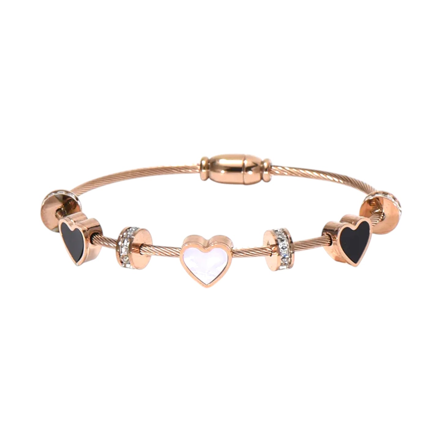 Ατσάλινο Ροζ Χρυσό Βραχιόλι με Καρδιές & Ζιργκόν (B1722)