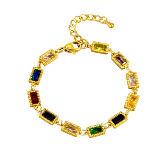 Ατσάλινο Βραχιόλι με Ορθογώνιες Πολύχρωμες Πέτρες – Χρυσό (B1726)