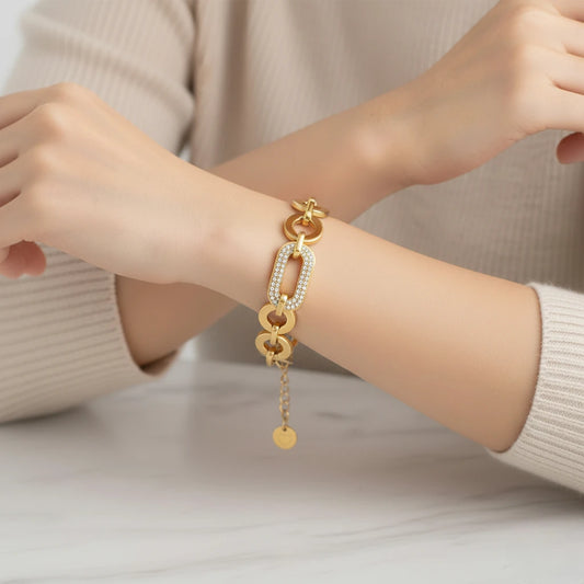 Ατσάλινο Χρυσό Βραχιόλι με Χοντρούς Κρίκους & Κεντρικό Στοιχείο με Ζιργκόν (B1737)