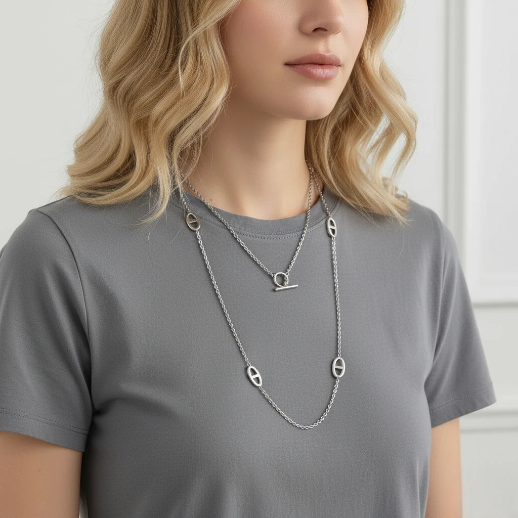 Μακρύ Κολιέ από Ατσάλι με Διακοσμητικούς Κρίκους – Ασημί (N1816)