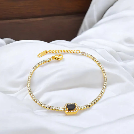 Ατσάλινο βραχιόλι ριβιέρα με μαύρη πέτρα 18k (B3055)