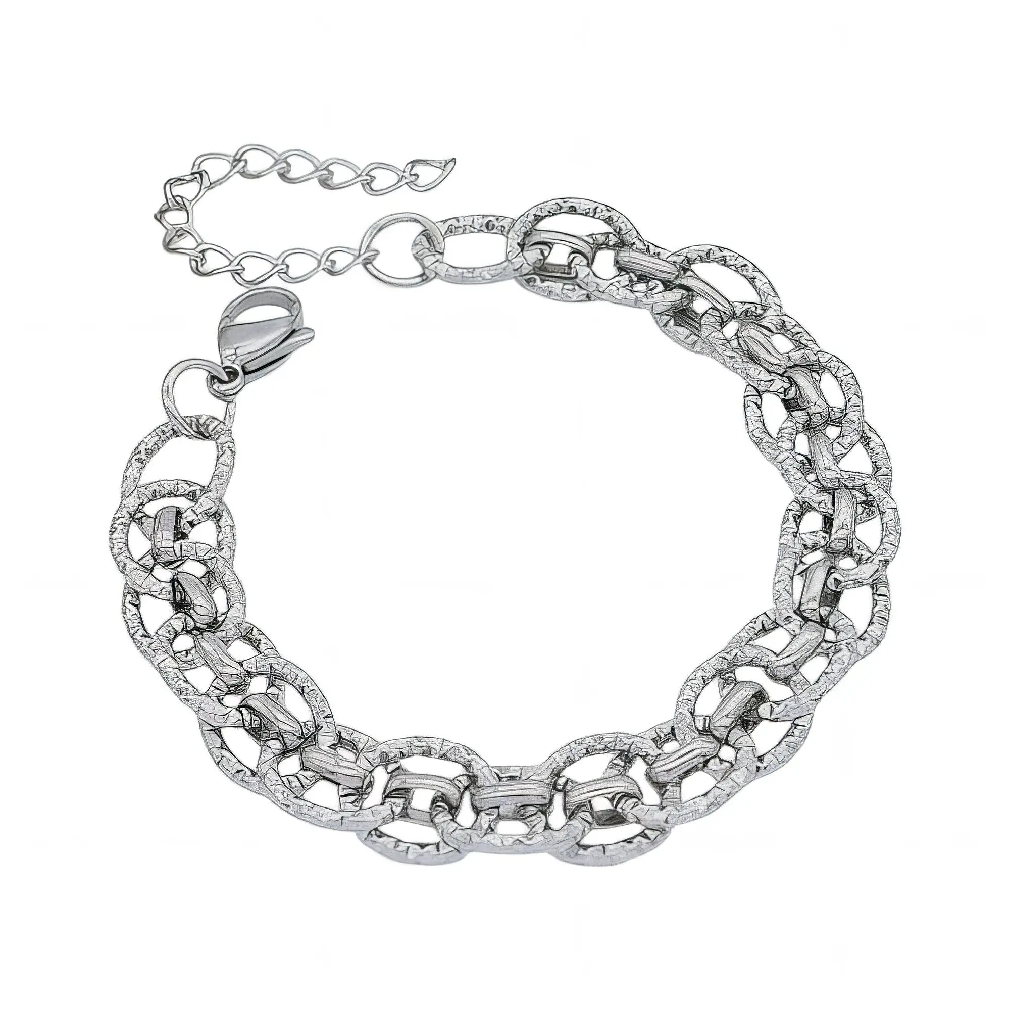 Ατσάλινο Ασημί Βραχιόλι με Διπλούς Κρίκους και Ανάγλυφη Υφή – 10.5mm (B3478)