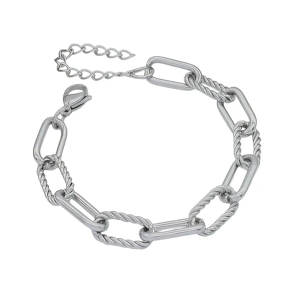 Ατσάλινο Ασημί Βραχιόλι με Συνδυασμό Λείων και Στριφτών Κρίκων – 9mm (B3479)