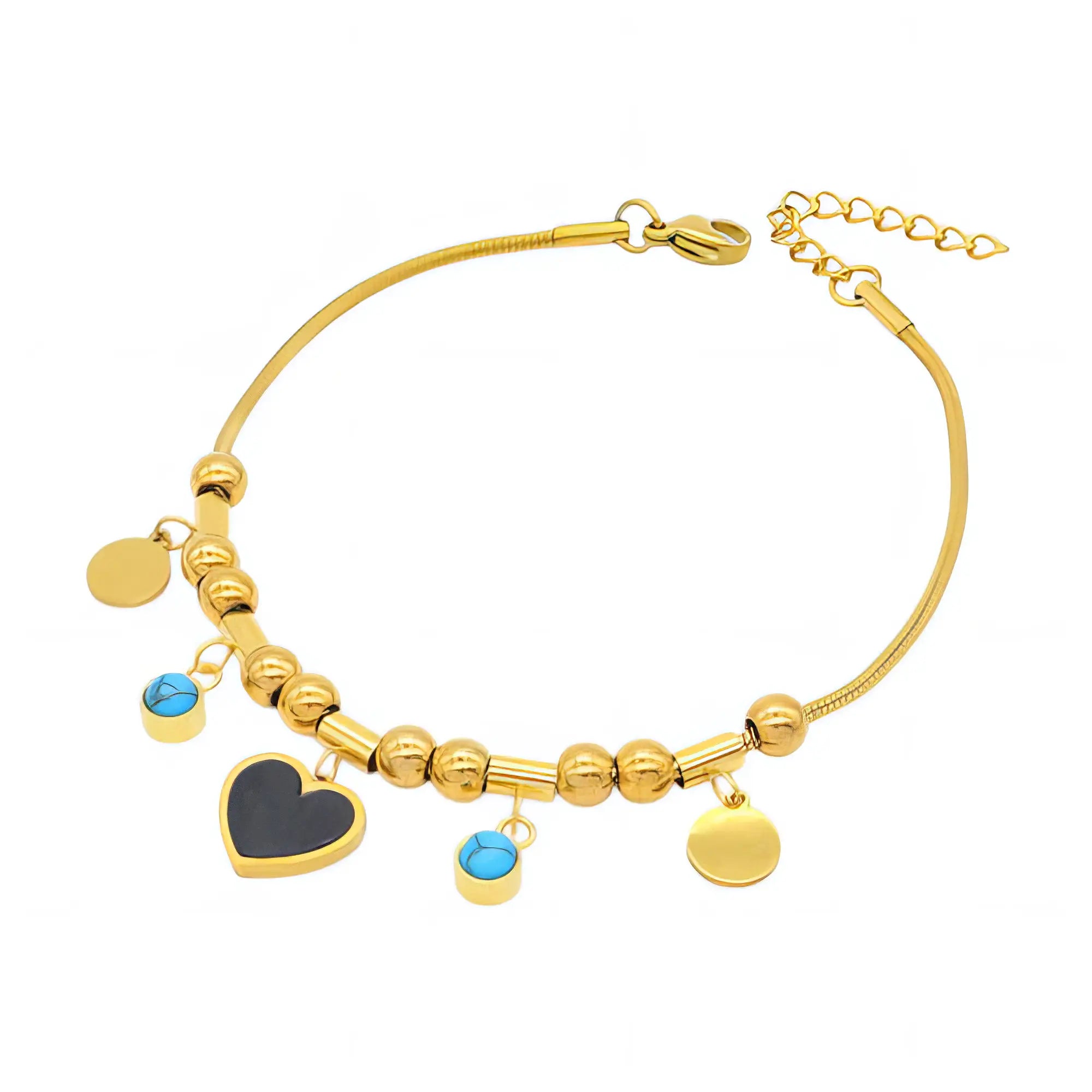 Ατσάλινο βραχιόλι με μαύρη καρδιά & τυρκουάζ λεπτομέρειες (B3487)