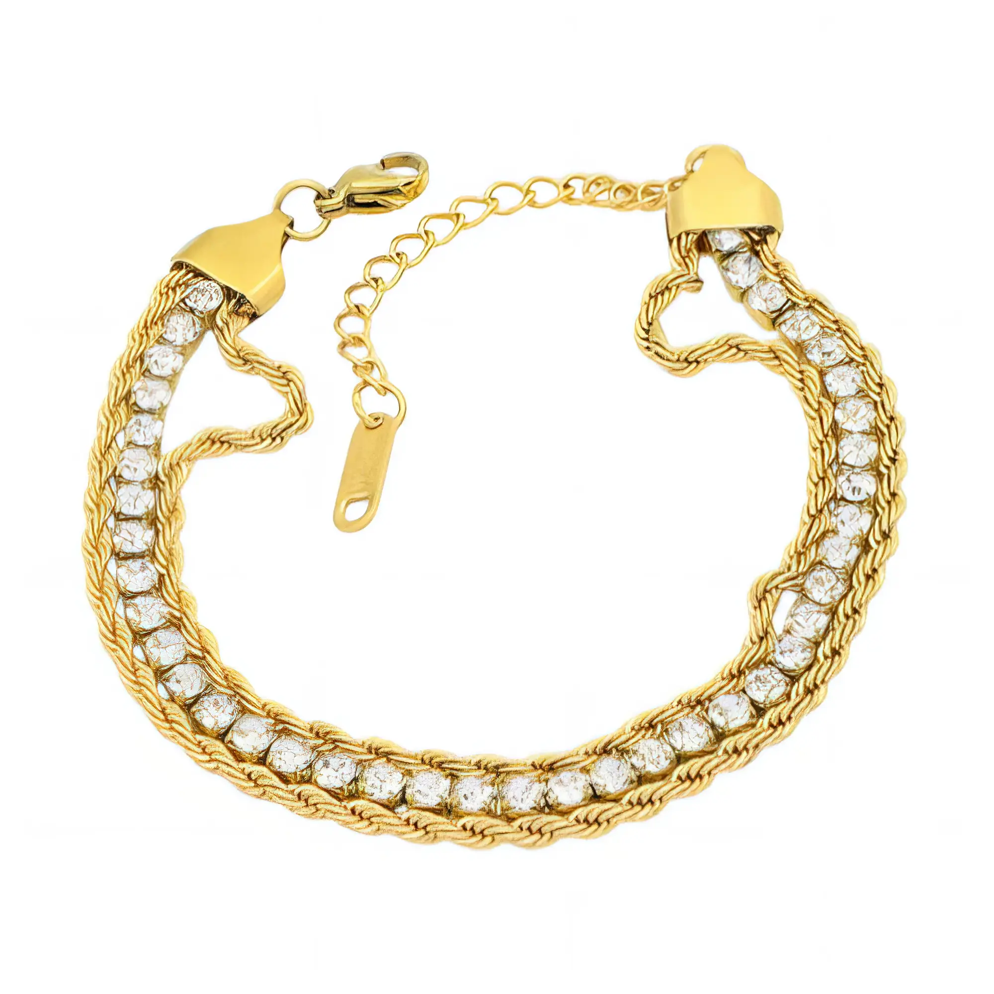 Ατσάλινο βραχιόλι με στριφτή αλυσίδα & λευκά ζιργκόν – Χρυσό (B3497)