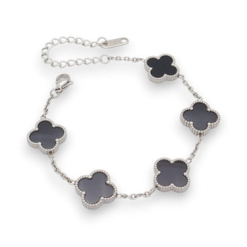 Ατσάλινο Ασημί Βραχιόλι με Μαύρα Τετράφυλλα (B3506)