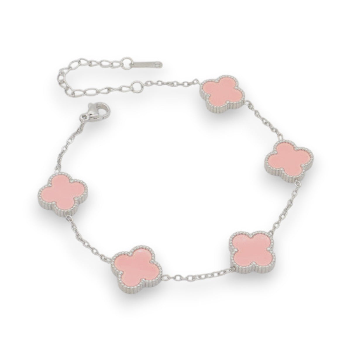 Ατσάλινο Ασημί Βραχιόλι με Ροζ Τετράφυλλα (B3508)