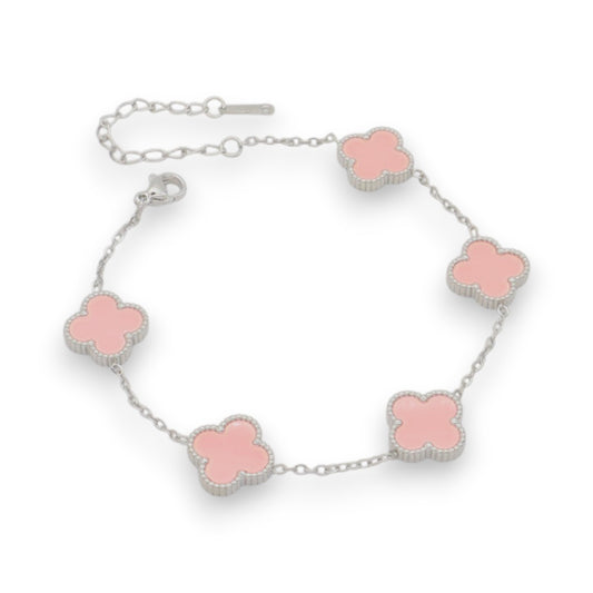 Ατσάλινο Ασημί Βραχιόλι με Ροζ Τετράφυλλα (B3508)
