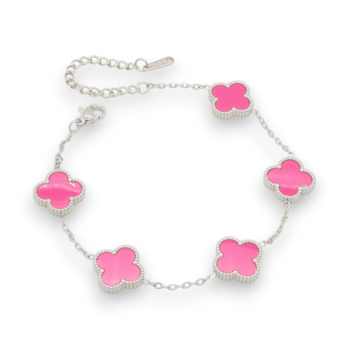 Ατσάλινο Ασημί Βραχιόλι με Φούξια Τετράφυλλα (B3509)