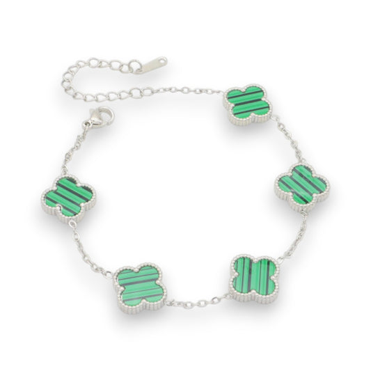 Ατσάλινο Ασημί Βραχιόλι με Πράσινα Τετράφυλλα (B3510)