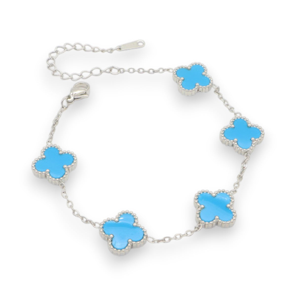 Ατσάλινο Ασημί Βραχιόλι με Γαλάζια Τετράφυλλα (B3511)