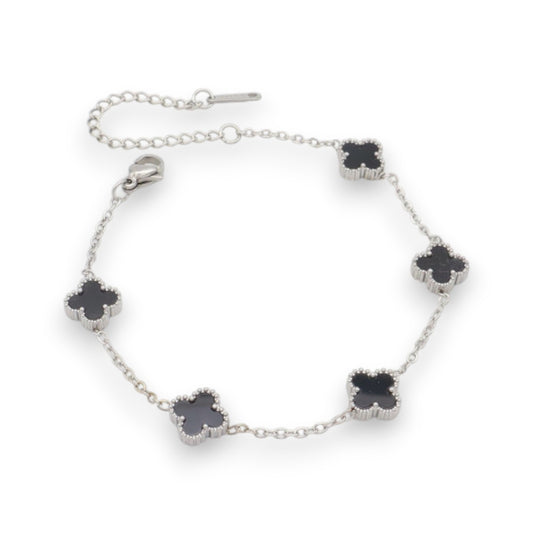 Ατσάλινο Ασημί Βραχιόλι με Μικρά Μαύρα Τετράφυλλα (B3512)