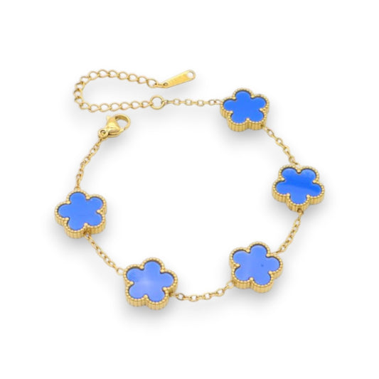 Ατσάλινο Χρυσό Βραχιόλι με Μπλε Λουλούδια (B3538)