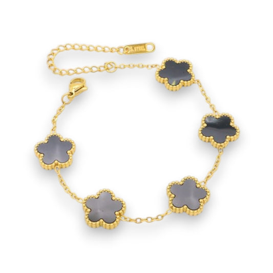 Ατσάλινο Χρυσό Βραχιόλι με Μαύρα Λουλούδια (B3539)
