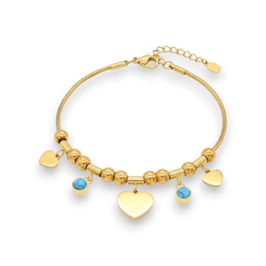 Ατσάλινο Χρυσό Βραχιόλι με Καρδιές & Μπλε Πέτρες (B3544)