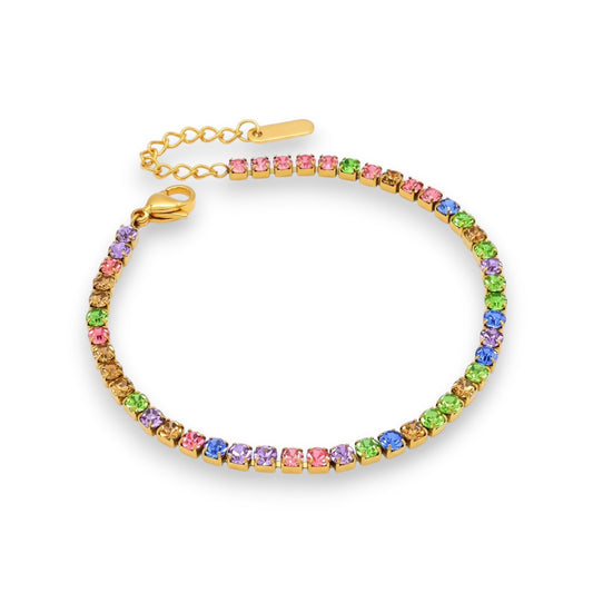 Ατσάλινο Χρυσό Βραχιόλι Tennis με Πολύχρωμες Πέτρες (B3546)