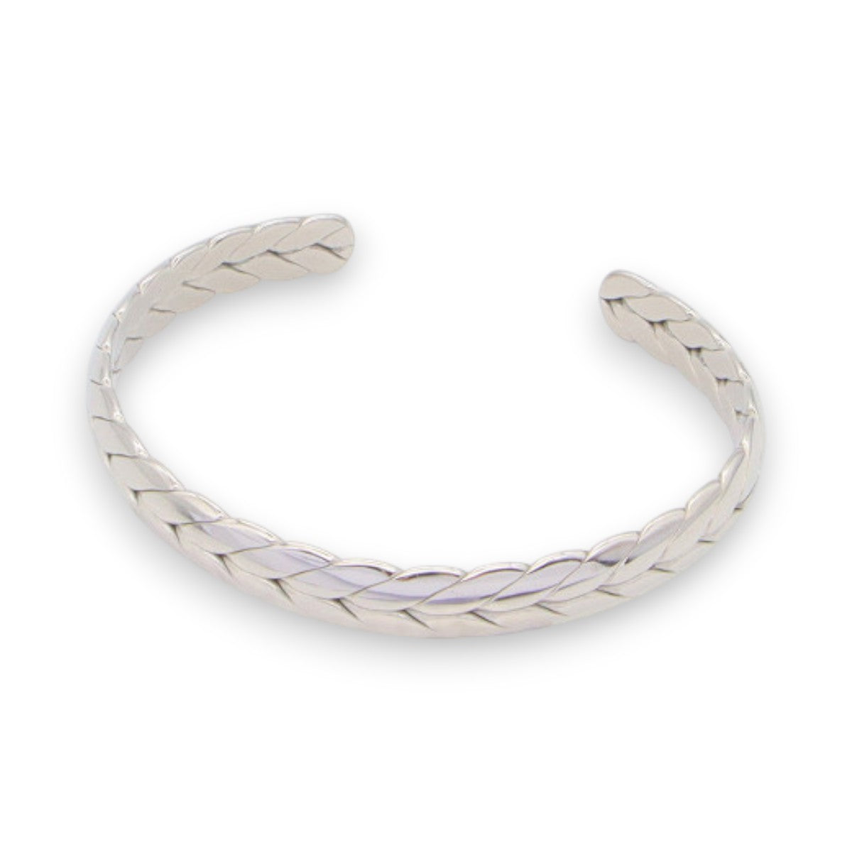 Ατσάλινο Ασημί Βραχιόλι Cuff με Ανάγλυφο Πλεξούδα Design (BA1022)