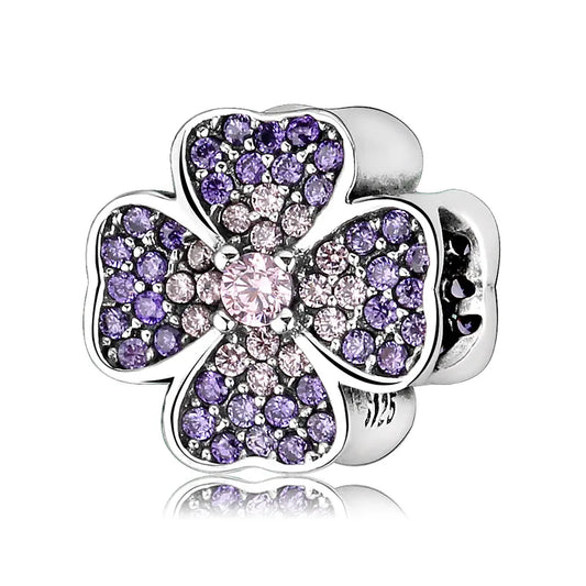 Charm τετράφυλλο λουλούδι από ασήμι 925 με μωβ & ροζ ζιργκόν (C1287)