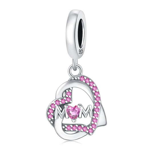 Charm MOM καρδιά από ασήμι 925 με ροζ ζιργκόν (C1288)