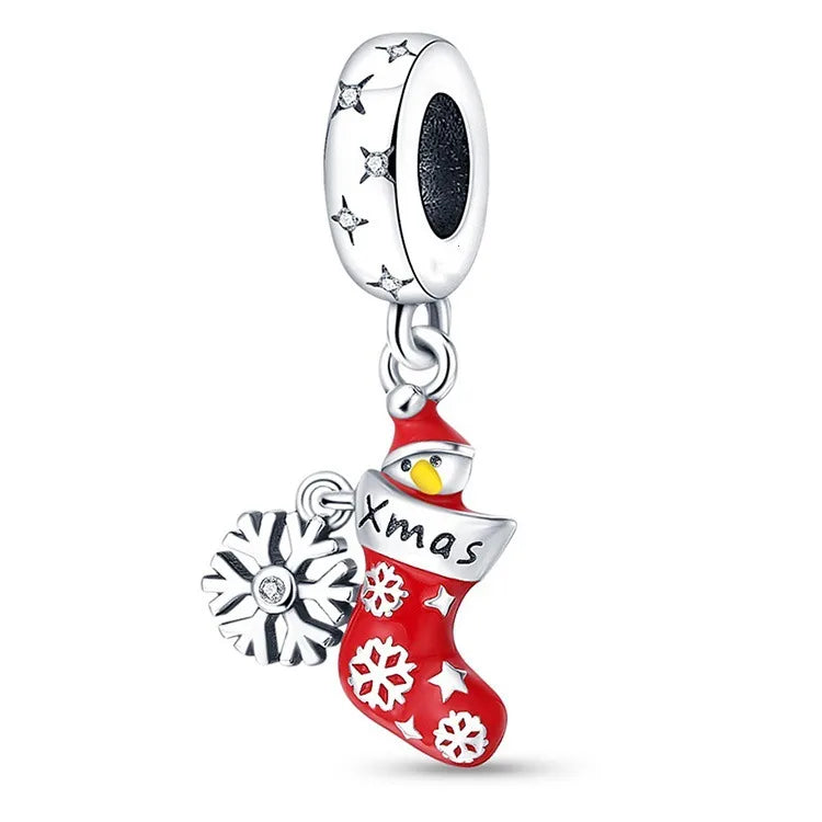 Ασημί Ατσάλινο Charm Κάλτσα Xmas & Χιονονιφάδα (C3052)