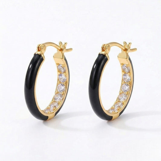 Ατσάλινα σκουλαρίκια κρίκοι με μαύρο σμάλτο και ζιργκόν (E1418)