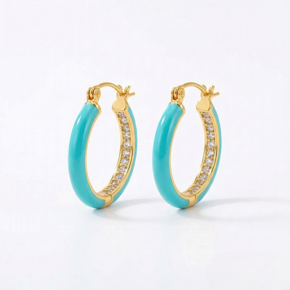 Ατσάλινα σκουλαρίκια κρίκοι με γαλάζιο σμάλτο και ζιργκόν (E1419)