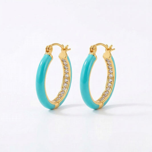 Ατσάλινα σκουλαρίκια κρίκοι με γαλάζιο σμάλτο και ζιργκόν (E1419)