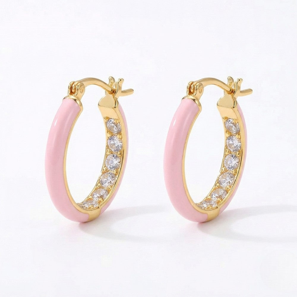 Ατσάλινα σκουλαρίκια κρίκοι με ροζ σμάλτο και ζιργκόν (E1420)